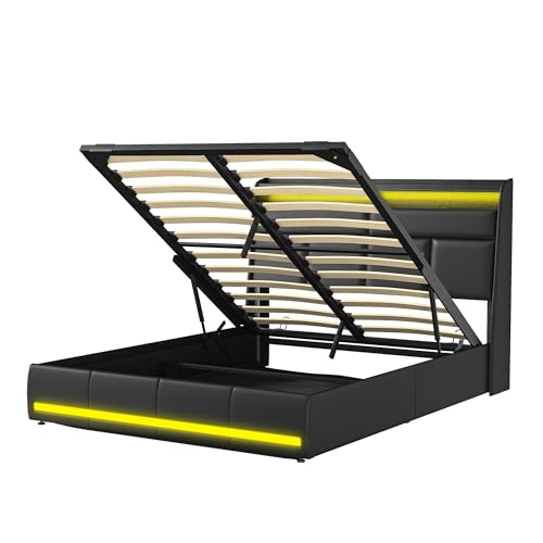 JYNVO Polsterbett 160x200 cm mit Stauraum und LED Beleuchtung, Hydraulisches Stauraumbett, Doppelbett mit Kopfteil, Bett mit Lattenrost, Jugendbett, Schwarz, PU-Leder, ohne Matratze