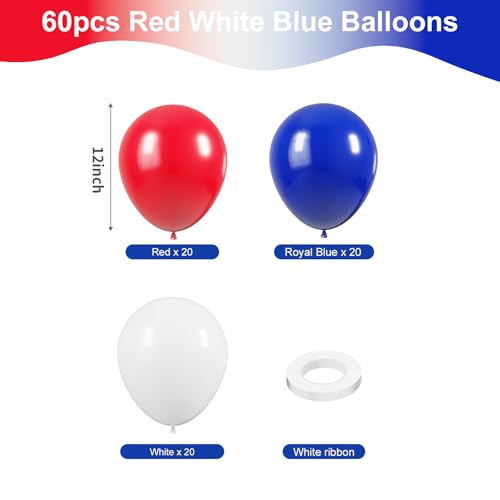Image of KBZVNAF Red White and Blue Balloons - 60 Pack 12 inch for 4th of July Decorations Independence Day Birthday Baby Shower Wedding Graduation Party Decorations