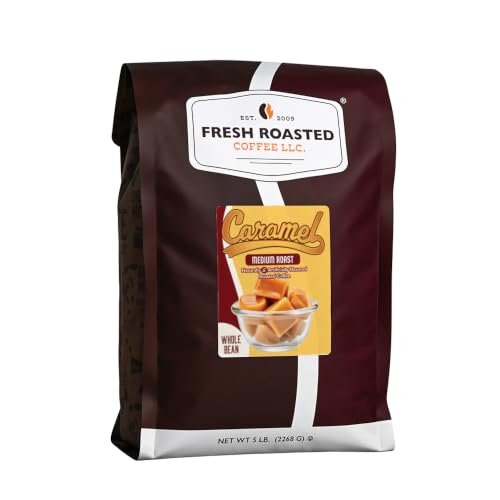 Fresh Roasted Coffee, Caramel Flavored Whole Bean Coffee, Medium Roast, Kosher, 5 lb (80 oz)