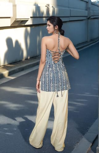 Image of Women's Indigo Hand Block Printed Halter Neck Tunic Top - Sleeveless reyon Kurti for Casual, Beach & Summer Wear