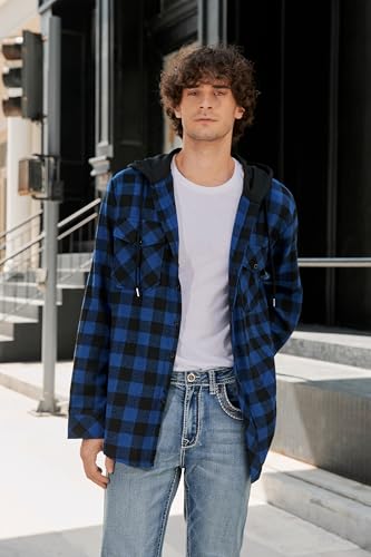 Image of Cromoncent Men Flannel Hoodie Plaid Button Down Jacket Long Sleeve Shirts