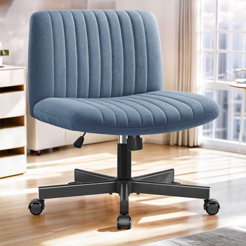 Criss Cross Office Chair - Wide Seat Cross Legged Desk Chair with Wheels - Adjustable Height Armless Office Chair - Comfy Fabric Vanity Chair for Home Office Study Makeup - Navyblue