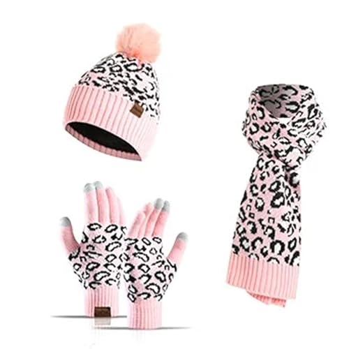 Winter Hat Scarf Gloves Set - Warm Knit Beanie With Cute Leopard Print, Cozy Knitted Hat, Cold Weather Scarf & Gloves Set | Comfortable Cold Weather Hat Scarf Gloves Set, Winter Accessories For Women