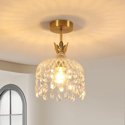 Comely Plafonnier Doré en Cristal, Lustre Couloir Moderne E27, Luminaire Plafonnier Cristal pour Entrée, Chambre, Salle à Manger