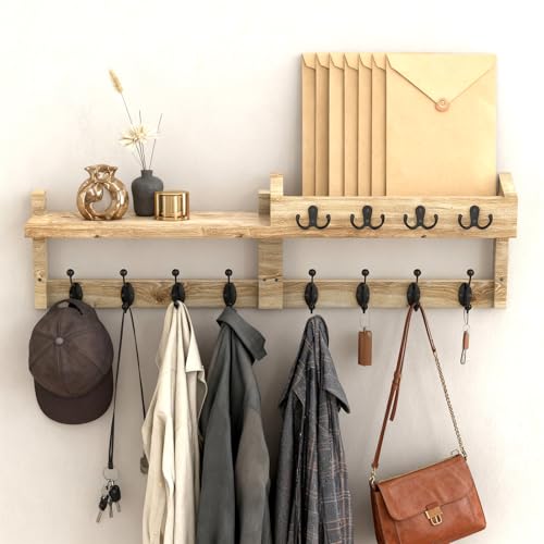 WoRaum Patère Mural en Bois Brûlé – Porte-Manteau avec 8 Crochets à Vêtements & 4 Crochets à Clés, Style Minimaliste pour Chambre & Entrée-B01