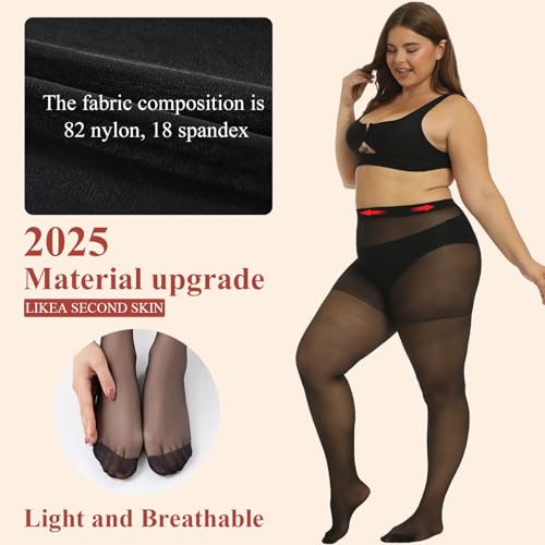 Buauty Plus Size Sheer Tights for Women, 20D High Waist Black Pantyhose Stockings for women Control Top Resistant(1 pair2