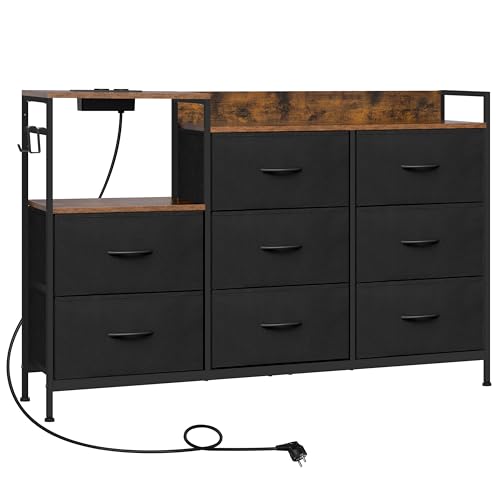WOLTU Kommode mit 8 Schubladen aus Stoff, Stoffkommode mit Steckdosen, Kommodenschrank für Schlafzimmer Wohnzimmer Flur, aus Metallrahmen Holzwerkstoff, Rustikalem Braun + Schwarze, SSK007sz