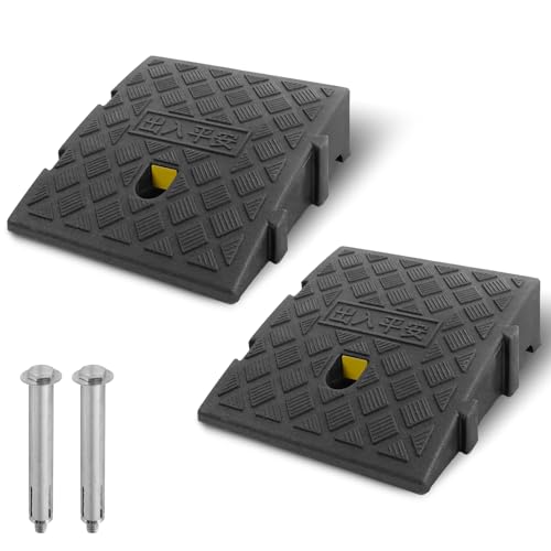 Rampas de bordillo Antideslizantes, 2 Unidades, rampa para Silla de Ruedas, Coches y Motos, plástico Resistente, Altura 7-13 cm, Incluye 2 Pernos de fijación