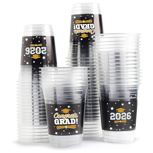 Gift Boutique Class of 2026 Graduation Plastic Cups 100 Pack Black 16 oz Disposable Drink Cups for Grad Party Supplies Beverages Events Celebration Tableware Decorations