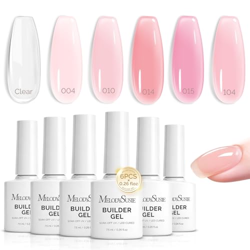 Image of MelodySusie Builder Gel Nail Polish Set, Base Colors Jelly Pink Clear 8 in 1 Nail Thickening Rubber Base Gel Polish,Soak Off UV Extension,Rhinestone Nail Glue in a Bottle Gift for Women 6 Colors
