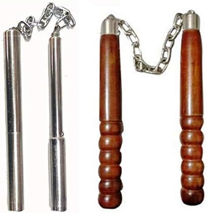 1 Wooden and Steel Handle 10 and 9-Inch Metal Chain Nanchaku (Pack of 2)