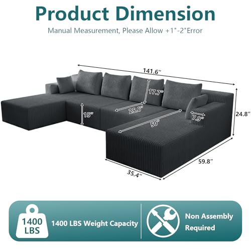 Image of 142 inch U-Shape Cloud Couch, Modern Modular Sectional U-Shape Sofa, Corduroy Boneless Couch Upholstered Couches Deep Seat Sleeper Chaise Longue for Living Room, No Assembly Required,Dark Gray
