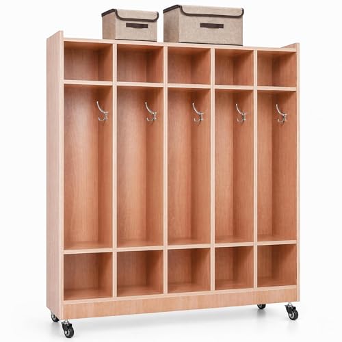 GarveeTech 5-Section Cubby Storage Organizer, Classroom Coat Locker with 4 Casters, 5 Hooks & 2 Storage Boxes, Heavy-Duty Plywood Daycare Furniture for Preschool & Kids Entryway, 48" Tall by GarveeTech - Used condition - US$125.94