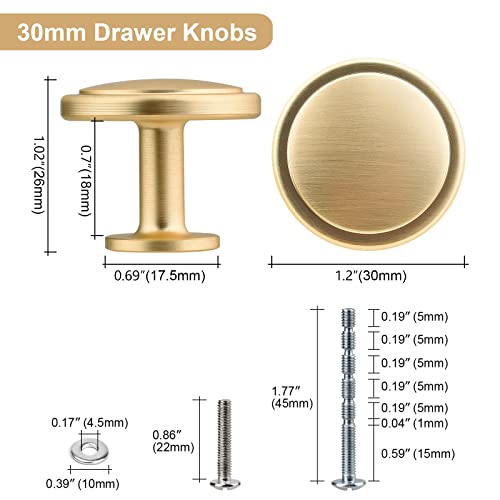 WEAVERBIRD Gold Door Handles 10PCS Cabinet Knobs 30MM Zinc Alloy Single Hole Drawer Kitchen Handles with Screws Round for Cupboard Wardrobe Furniture Brushed Brass Knobs - Image 3
