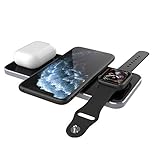 PREMIUM DESIGN - Das edle 3-in1 Wireless Charger Pad hat ein flaches Aluminium Gehäuse und eine Oberfläche aus gehärtetem Glas. Drei integrierte LED-Indikatoren zeigen den Status der Geräte beim Laden an.