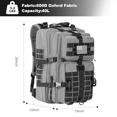 Image of Hannibal Tactical MOLLE Assault Backpack, Tactical Backpack Military Army Camping Rucksack, 3-Day Pack Trip w /USA Flag Patch, D-Rings Grey and Black