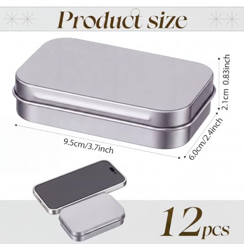 Image of Hotop 12 Pack Metal Rectangular Empty Hinged Tins 3.75 x 2.45 x 0.8 Inch Box Containers with Lids Mini Portable Box Small Storage Kit, Home Organizer (Silver)