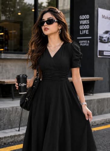 Image of Preneum Girl's & Women's Solid Color V-Neck A-Line Maxi Dress for Women | New Year Party Outfit | Waist Cinched Puff Sleeve Western | Elegant Casual Wear (Availble in Plus Size)