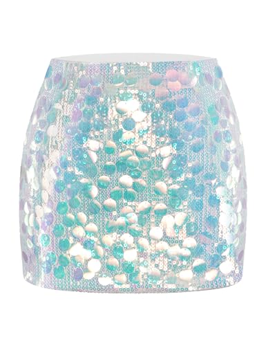 MANER Womens Sequin Mini Skirt Sparkle Stretchy Bodycon Night Out Party Skirts(M/US 8-10 White with rainbow)