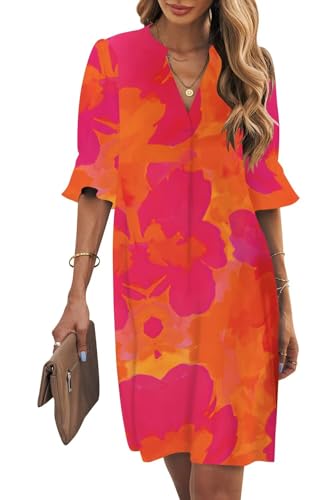 Wkior Summer Dress for Women Short Sleeve Loose Swing Elegant Dress Orange Floral XL