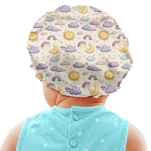 Image of Kids Hair Cover Elastic Satin Bonnet Sleep Cap for Boys Girls Beanie Hat with Adjustable Band for Night Sleeping Headwear for Toddler Children Baby, Rainbow Cloud Sun Printed