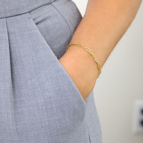 Nuragold 10k Real Yellow Gold Paperclip 3mm Elongated Cable Link Bracelet (7"-8") Italian Jewelry for Men & Women3