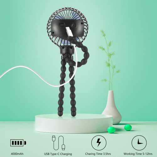 Snawowo Mini Handheld Personal Portable Fan, Baby Stroller Fan, Car Seat Fan, Usb Or 4000Mah Battery Powered, With Flexible Tripod Clip On Student Bed Desk Bike Crib Treadmill Camping Traveling(Black) #TOP3