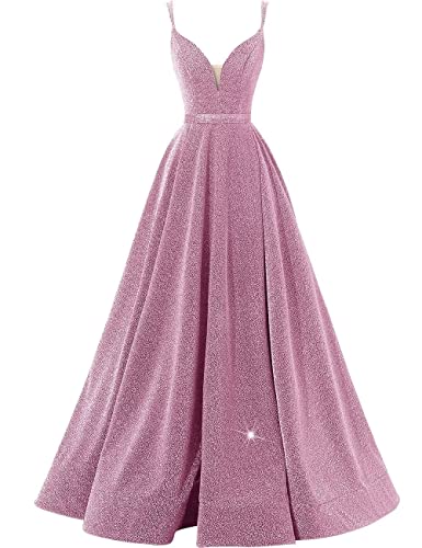 Image of Women's Glittery Spaghetti V-Neck Prom Dresses Long A Line Bridesmaid Dresses Side Split Formal Evening Gowns Dark Pink, US06