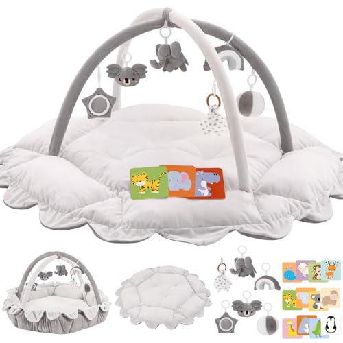 Image of 5-in-1 Plush Baby Play Gym, Activity Mat with Convertible Gym, Baby Gym 6 Sensory Toys, Play Center for Newborn to Toddler, Grey