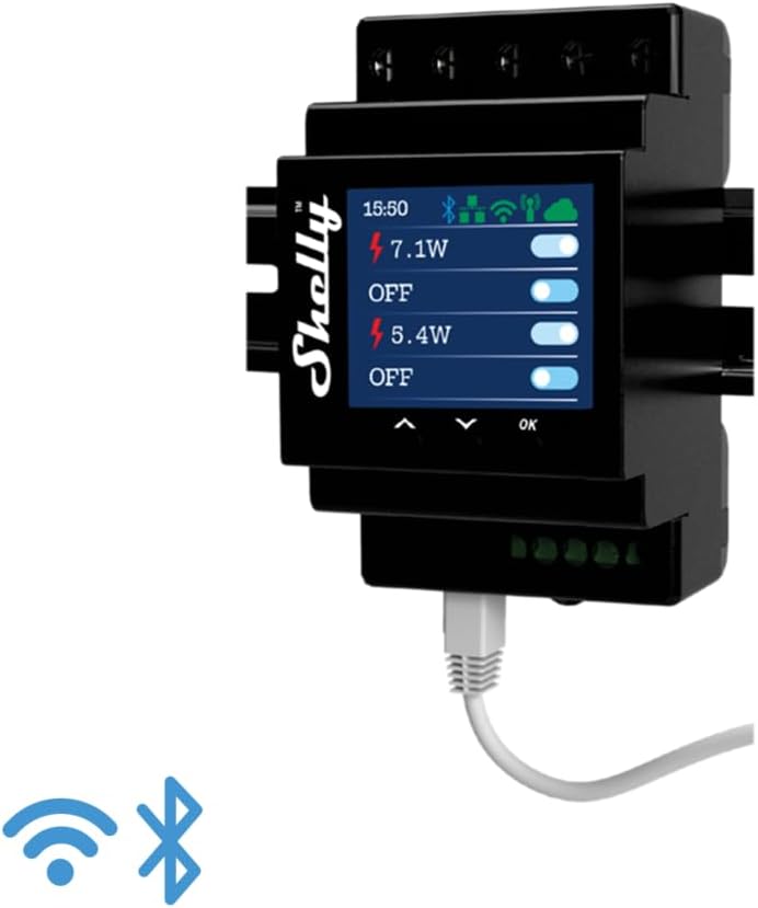 Shelly Pro 4PM | WLAN, LAN ve Bluetooth 4 kanallı röle şalteri, tüketim ölçümü ile – 40 A | DIN ray şapka rayı | Alexa ve Google Home ile uyumlu | iOS Android uygulaması | cihazlardan uzaktan kumanda