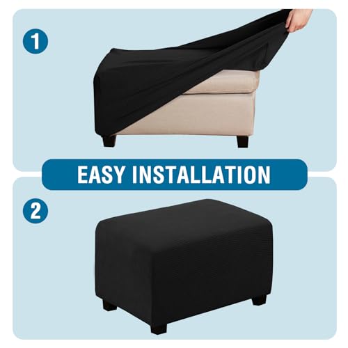 Image of H.VERSAILTEX Ottoman Cover Slipcover Rectangle Fit Length 33 inch-38 inch Footrest Sofa Slipcovers Stool Cover Footstool Protector Covers Feature Stretch Thick Soft Jacquard Fabric Removable Washable - Black