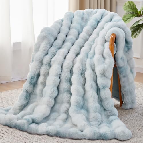 Faux Fur Throw Blanket, 1000GSM Fluffy Soft Bubble Blanket for Couch Bed, Cozy Plush Warm and Thick Rabbit Blanket for Living Room Bedroom 60''*80'' Tie-dye Blue