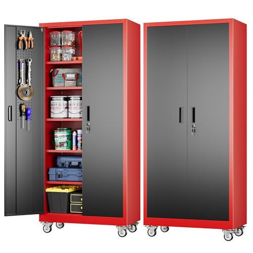 Image of Aobabo Metal Garage Storage Cabinet with Wheels, 34 inch W x 18 inch D x 71 inch H,Red