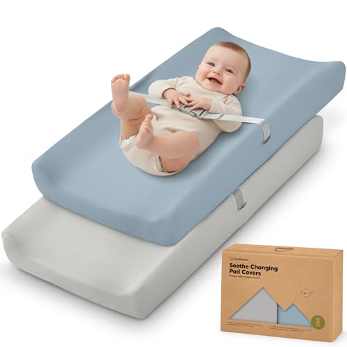 Image of 2-Pack Organic Changing Pad Covers for Girl, Boy, Neutral - 100% Cotton Changing Table Pad Cover, Soft Baby Nursery Diaper Changing Pad Sheets, Contour Changing Pads Liners, Change Pad Cover (Steel)