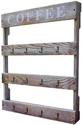 DewBrew 12 Hook Coffee Cup Holder, Wall Mounted Rustic Mug Rack with Distressed Finish for Home Kitchen Storage and Organization (21.5” x 2.6” x 23.6”)
