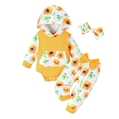 Image of LUNFEGO Newborn Infant Baby Girl Clothes 0-3 Months Outfits Sets Hoodie Romper + Pants + Bow Headband for Girls - Yellow