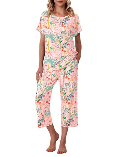 Image of Ekouaer Women's Capri Pajama Sets Print Short Sleeve Sleepwear Top and Capri Pants Soft Loungewear with Pocket
