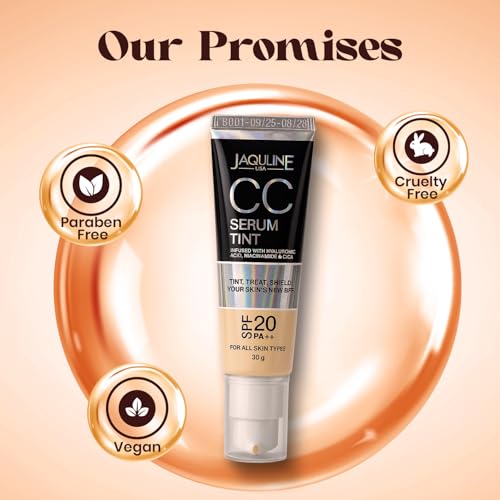 Image of JAQULINE USA Niacinamide & Hyaluronic Acid CC Serum Tint | Hydrating Tinted Serum with SPF | Smooths, Evens Skin Tone & Brightens Complexion | For All Skin Types | Sand, 30g