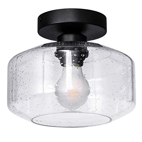 TeHenoo Industrial Ceiling Light Fixture,Seeded Glass Shade Semi-Flush Mount with Black Base