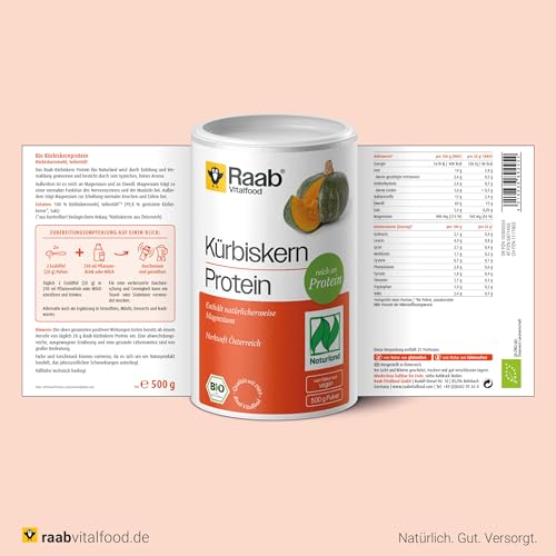 Foto von Raab Vitalfood® Naturland Bio Kürbiskernprotein Pulver (500 g) - Proteinpulver mit 60% Eiweiß, Kürbiskerne aus Bio-Anbau aus Österreich, natürlicherweise reich an Magnesium, vegan, glutenfrei