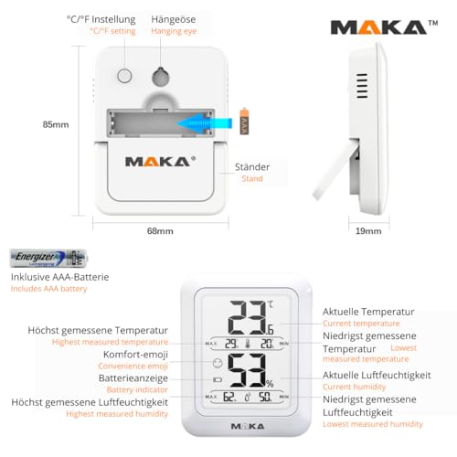 MAKA Digitale Hygrometer - Comfort Emoji - 180 dagen batterijduur - Luchtvochtigheidsmeter met Hoge Nauwkeurigheid voor Interieur, Babykamer, Woonkamer, kantoor - Thermo-hygrometer - Afbeelding 3
