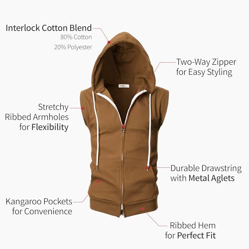 Image of Ohoo Mens Slim Fit Sleeveless Lightweight Zip Up Hooded Sweatshirt Vest Hoodie