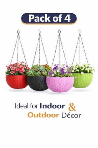 Image of Plastic Plant Pot With Hanging Chain, Multicolour, Pot Diameter -7.1 Inch, Pot Height-4.8 Inch, Pot Thickness-3 mm, Chain Length-13 inch approx., 4 Pieces