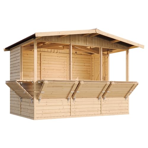 Caseta de Jardín de Madera con Piso, Mostrador y Puerta Cinco Ventanas 336x263cm/6 m2 Puesto de Mercado, Gran Bar de Madera al Aire Libre de Jardín, Puesto de Jardin Venta, Kiosko Bar TIMBELA M150B