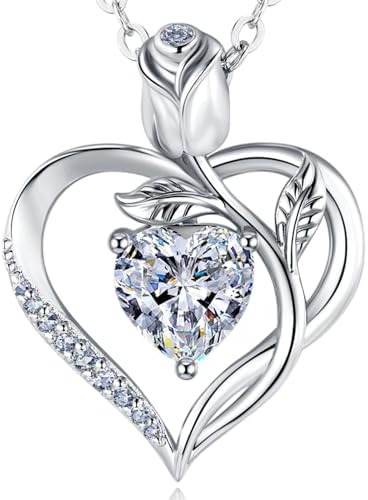 JACUPO Damen Geburtsstein Halskette 925er Silber, Herzrose Anhänger. | Verstellbare Kette mit I LOVE YOU, funkelnder Moissanit Schmuck, elegantes Geschenk für Geburtstag, Valentins
