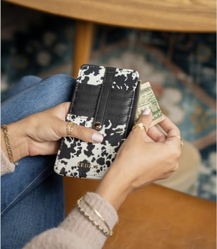 Image of KEDZIE Essentials Only Women's Zippered Wallet in Vegan Leather Small Card Holder Wallet Exterior ID Window - Deja Moo