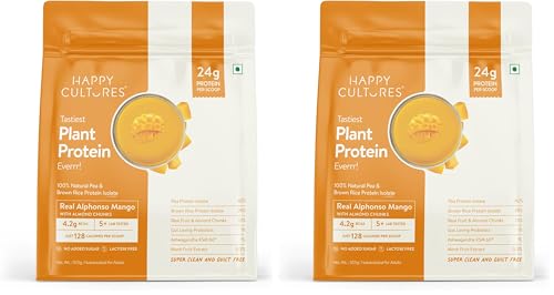 Image of Happy Cultures 24g Tastiest Plant Protein| Real Alphonso Mango, Almond Chunks & Ashwagandha (KSM 66) |Pea & Brown Rice Protein Isolate| No Added Sugar| Vegan| 18 Complete Amino Acids | Monk Fruit Extract| Women & Men| No Bloating, Easy to Digest| Dairy Free with Probiotics - 505g