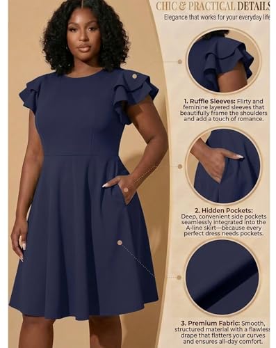 Image of IyMoo Women's Plus Size Cape Flutter Sleeve Stretchy A Line Swing Flared Skater Cocktail Party Dress with Pockets