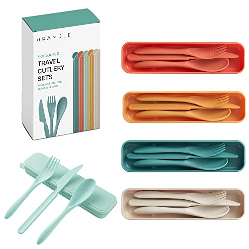 BRAMBLE - 5 Juegos de Cubiertos Portátiles Reutilizables, Cubiertos de Viaje para Llevar con Cuchillo, Tenedor, Cuchara con Estuche - Ideal para Niños y Adultos, Picnics, Camping - 5 Colores