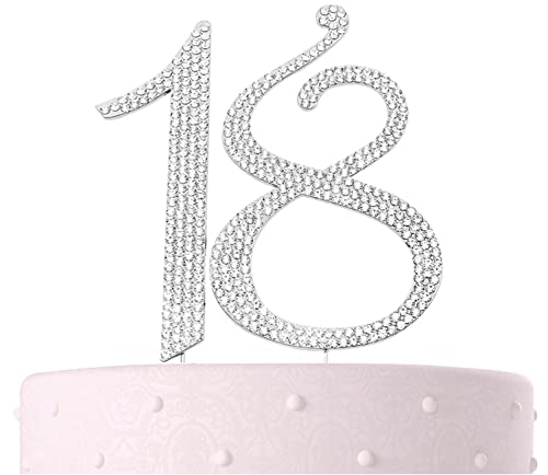Large 18, 18th Happy Birthday Cake Topper, Anniversary, Crystal Rhinestones on Silver Metal, Party Decorations, Favors